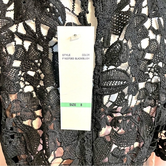 Leslie Fay Black Lace Dress Floral Sheath Round Neck Midi with Pink Slip-Size 8 - Picture 12 of 14